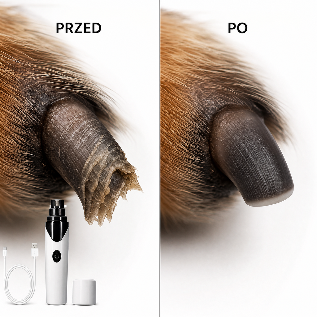 Pazur psa przed i po szlifowaniu szlifierką Terva — efekt PRZED i PO